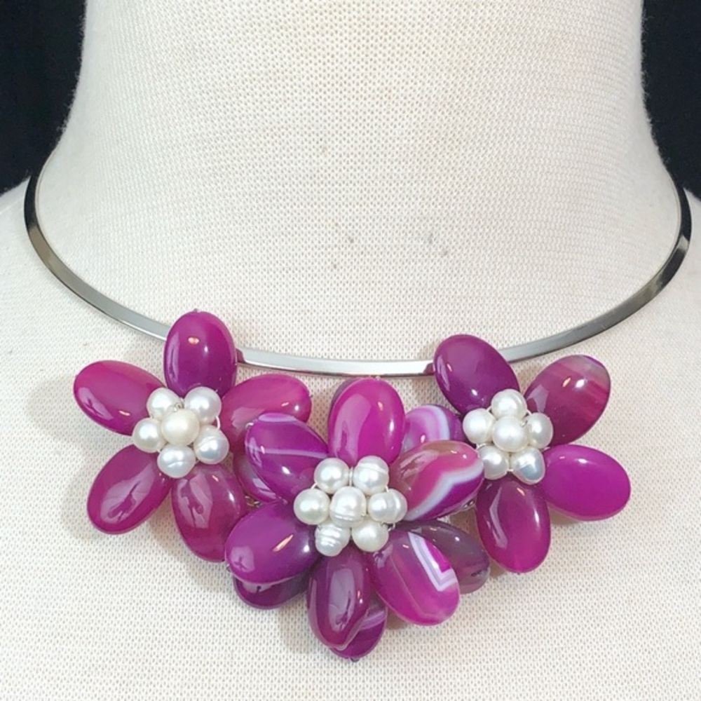 Pink Agate Stone Pearl Flowers Choker Necklace